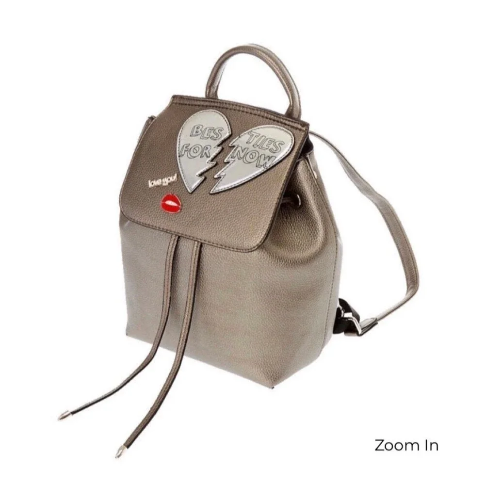Icing Silver Grey Pins & Patches Casual Faux Leather Mini Backpack Bag NEW
